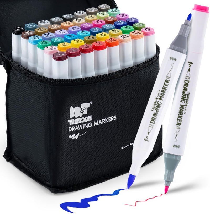 TRANSON Markers كحولية للرسم والتلوين 48 لونًا مع طرفين دقيق وفرشاة - Image 1